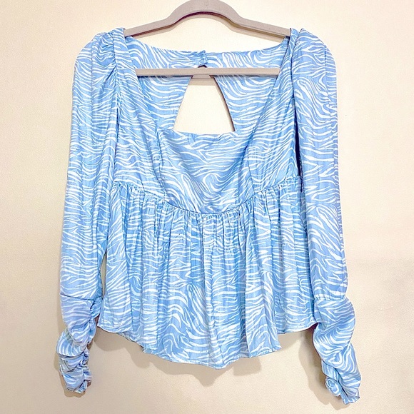 NWOT Free People Baby Blue Silky Satin Zebra Print Blouse MSRP$149 - Picture 1 of 9